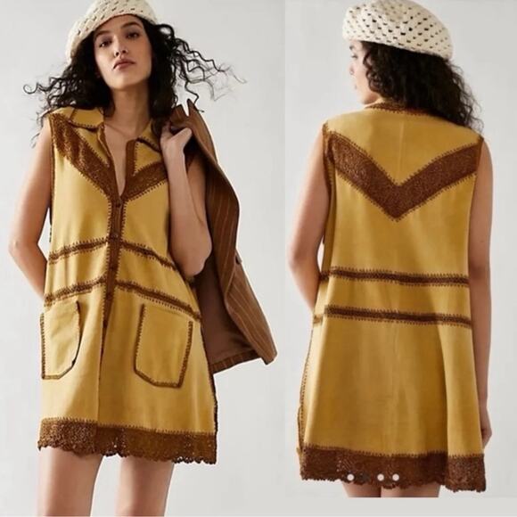 Free People Adeline Goat Suede Crochet Retro Boho Mini Dress Tan/Brown Size M - Picture 1 of 14